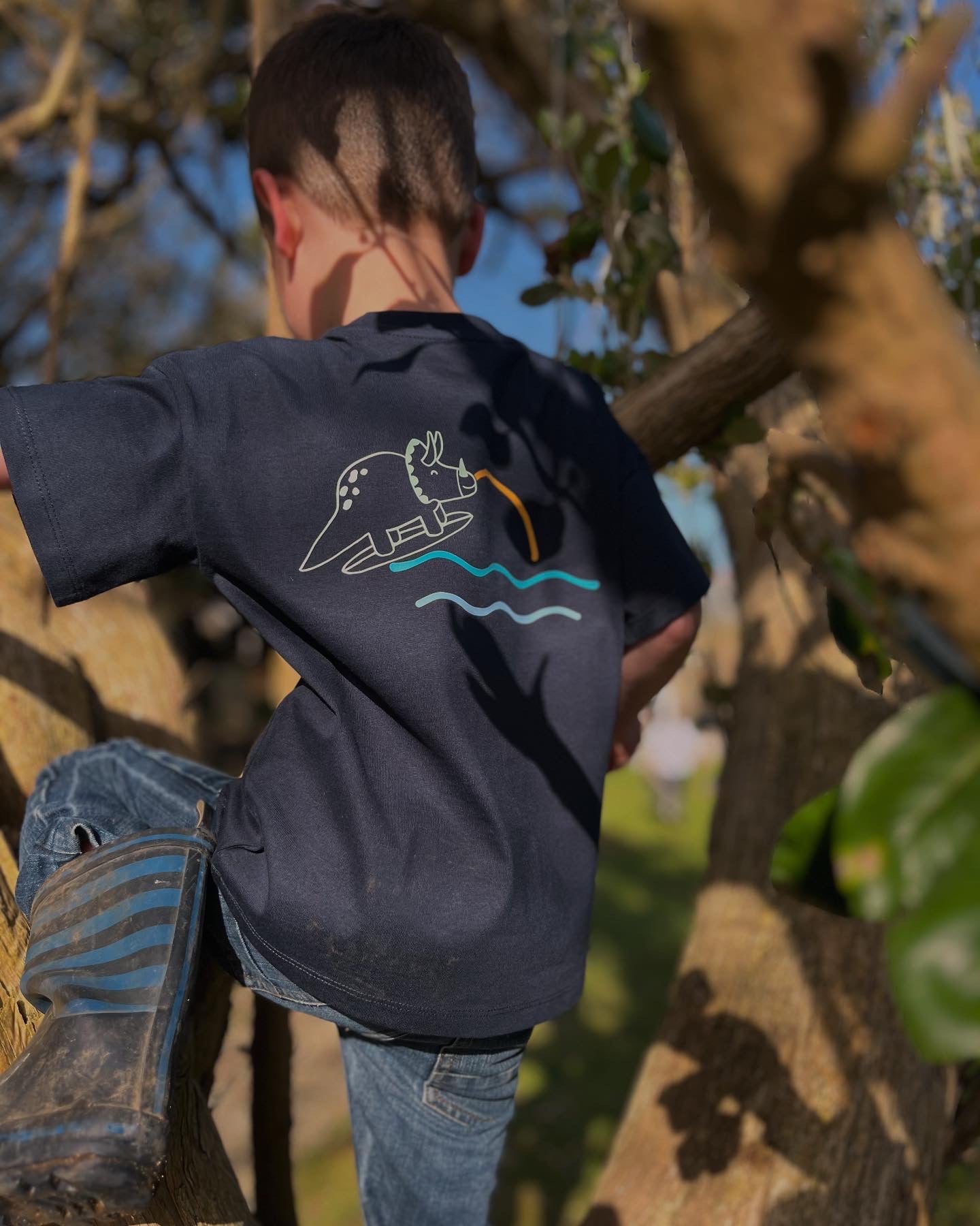 Navy Retro Organic Cotton Surfing Dino T Shirt