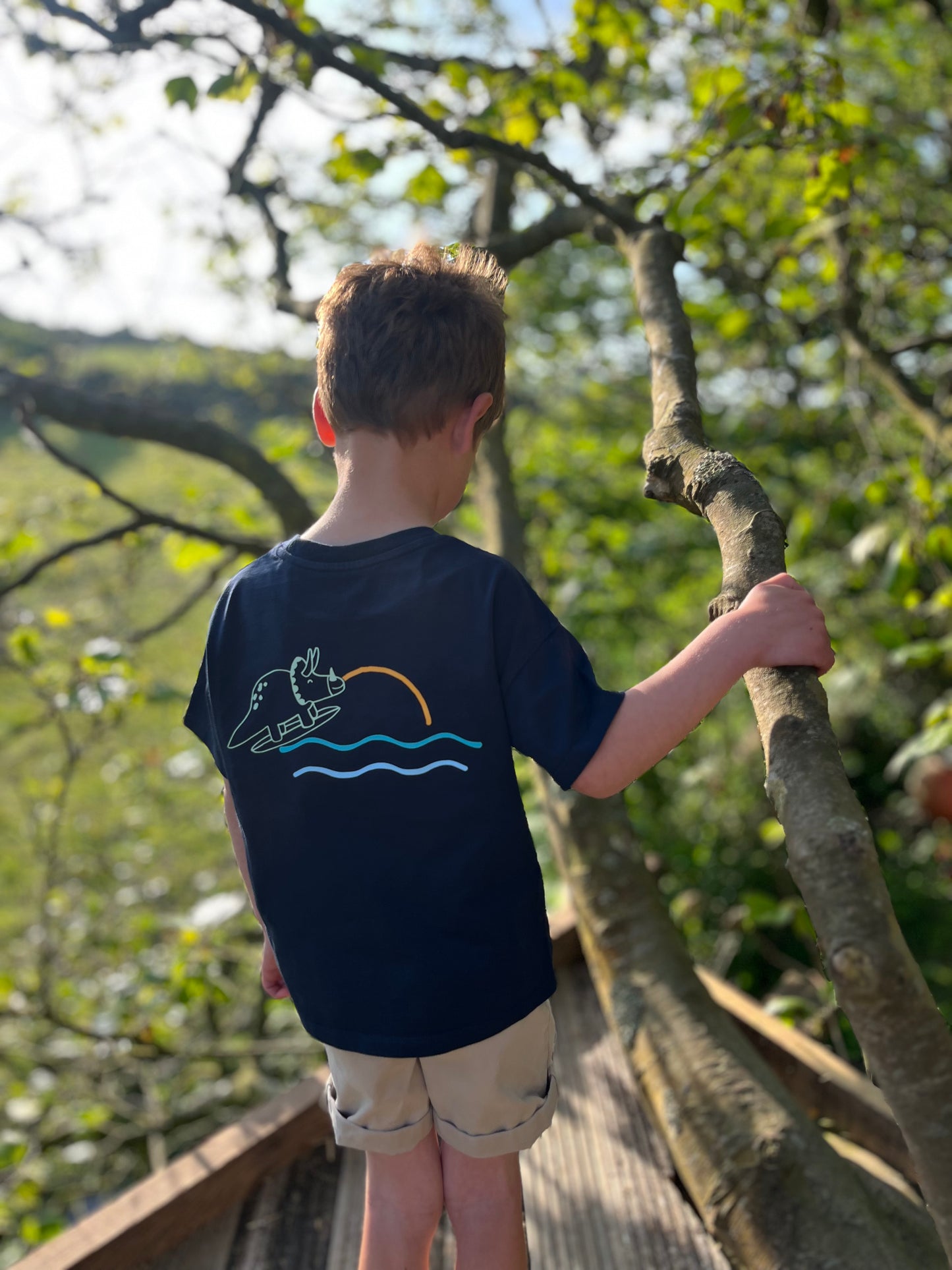 Navy Retro Organic Cotton Surfing Dino T Shirt