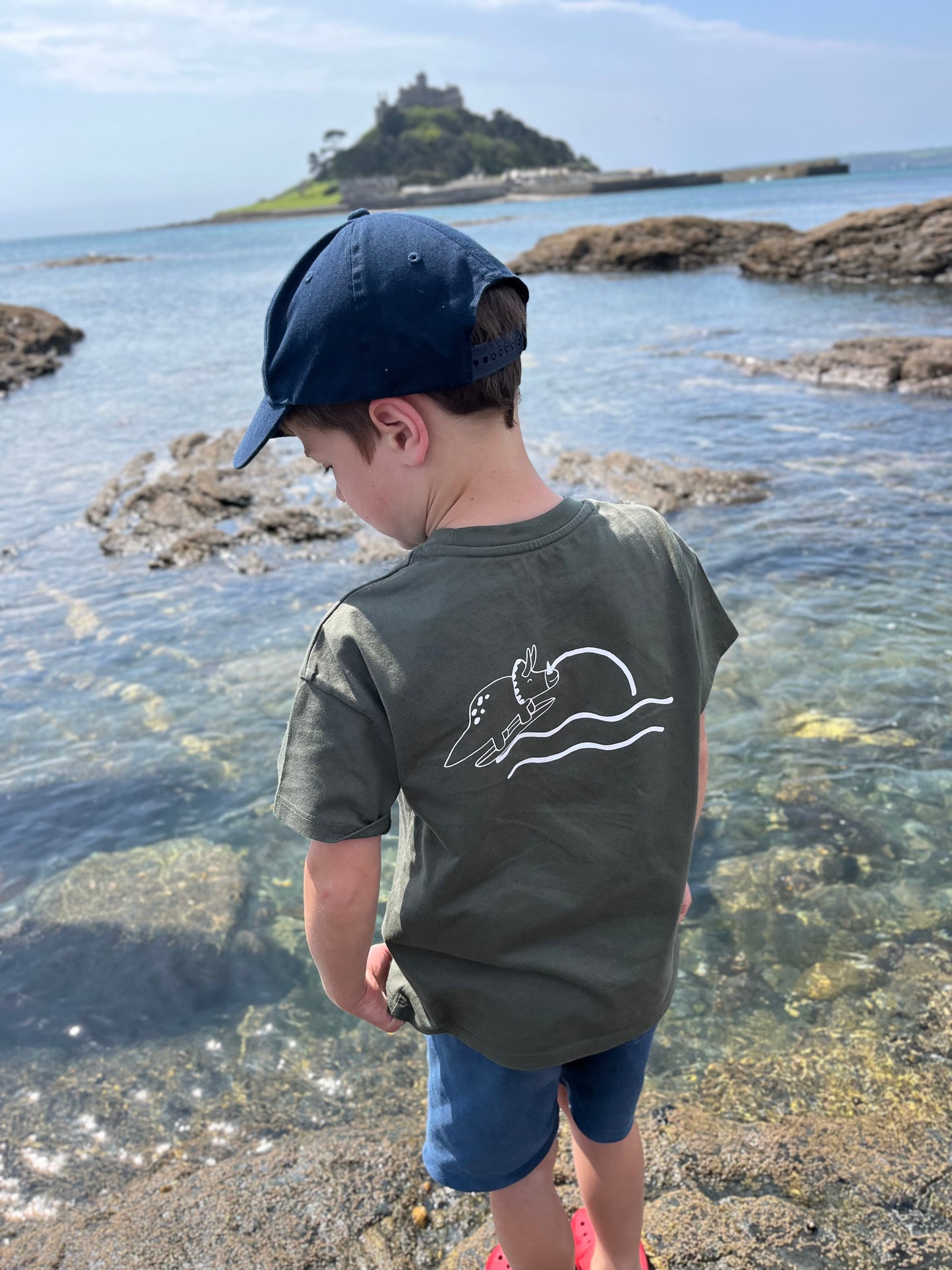 Olive Organic Cotton Surfing Dino T Shirt