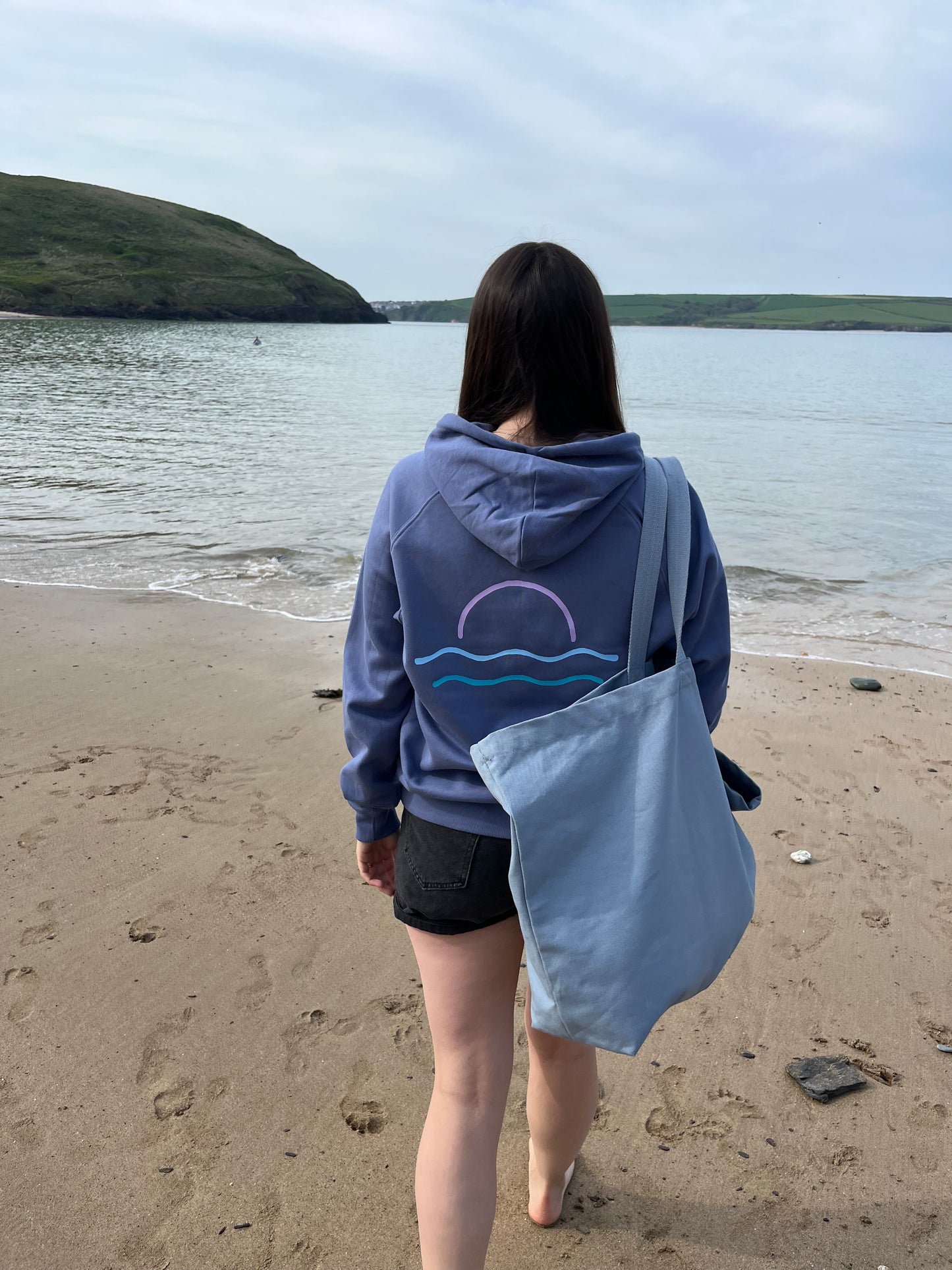 Cornflower Blue Retro Sunset Organic Cotton Raglan Hoody