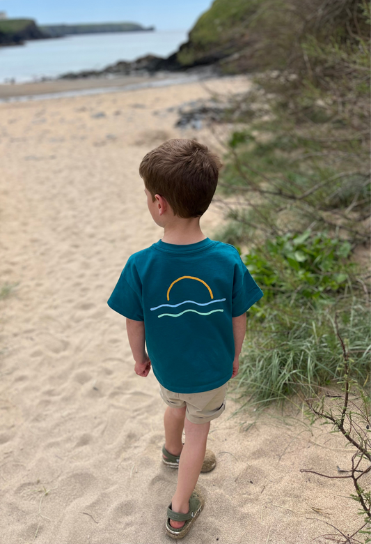 Teal Retro Sunset Organic Cotton T Shirt
