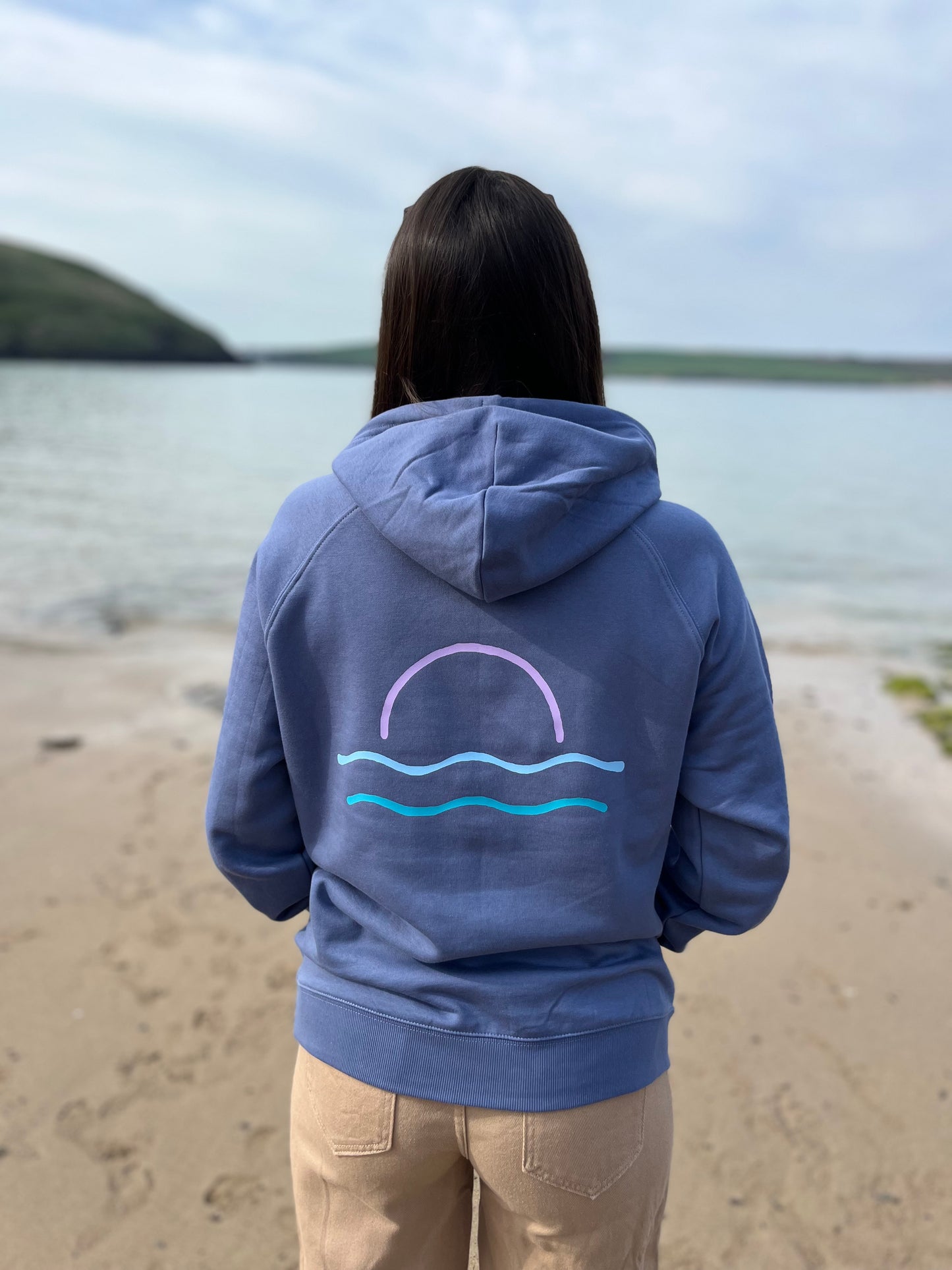 Cornflower Blue Retro Sunset Organic Cotton Raglan Hoody