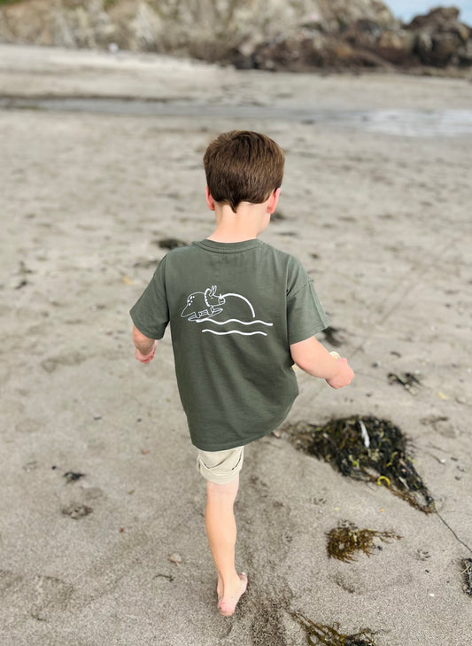 Olive Organic Cotton Surfing Dino T Shirt