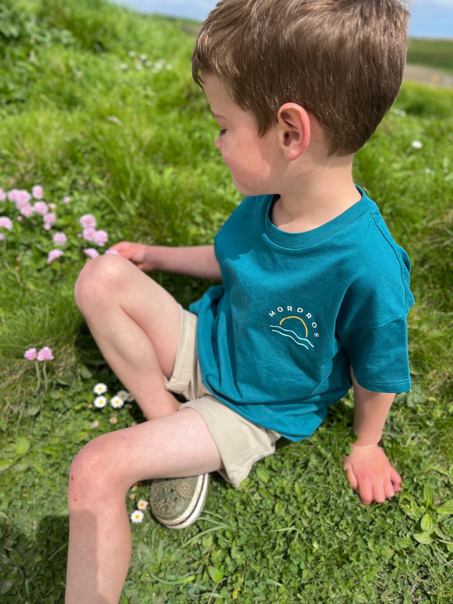 Teal Retro Sunset Organic Cotton T Shirt