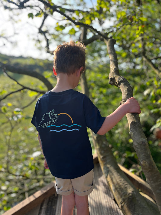 Navy Retro Organic Cotton Surfing Dino T Shirt